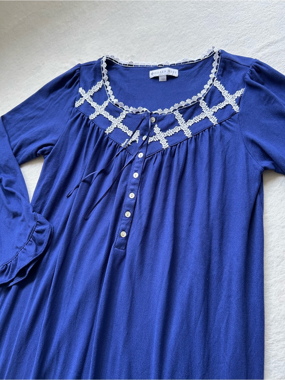 Eileen West Long Blue Knit Nightdress with White Trimmings